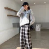 經典學院風黑白格紋休閒直筒褲