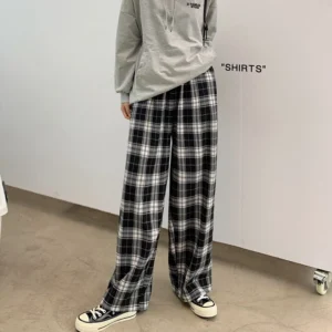 經典學院風黑白格紋休閒直筒褲