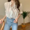 仙女系首選💯韓國設計感領木耳邊泡泡袖雪紡襯衫女/小仙女上衣/短袖襯衫