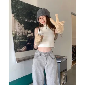 特殊色復古泥灰高腰修身顯瘦直筒褲