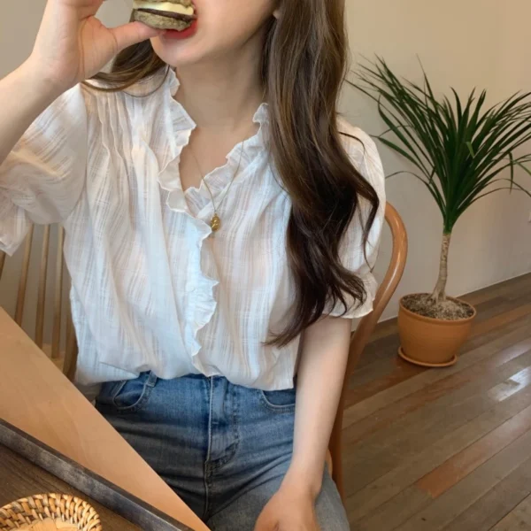 仙女系首選💯韓國設計感領木耳邊泡泡袖雪紡襯衫女/小仙女上衣/短袖襯衫