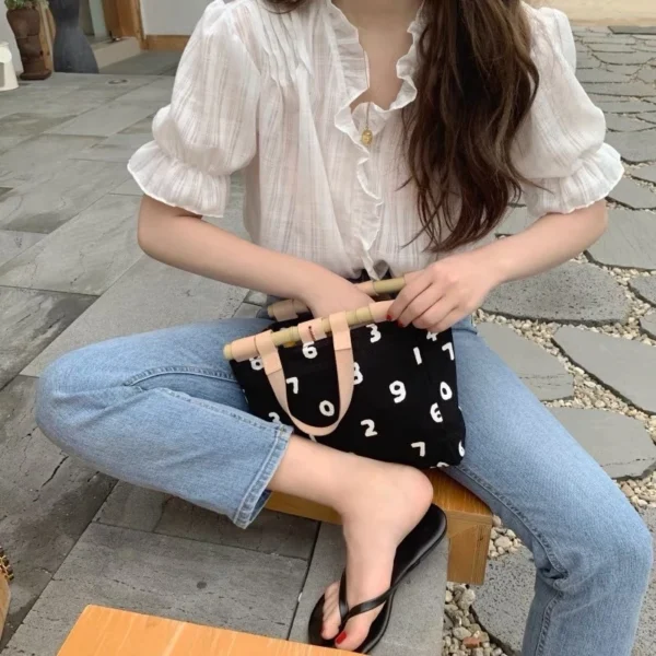 仙女系首選💯韓國設計感領木耳邊泡泡袖雪紡襯衫女/小仙女上衣/短袖襯衫