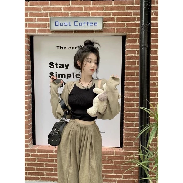 兩件組🥰法式坎肩針織罩衫+內搭短版吊帶背心