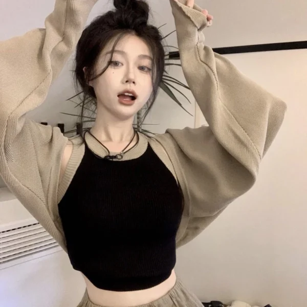兩件組🥰法式坎肩針織罩衫+內搭短版吊帶背心