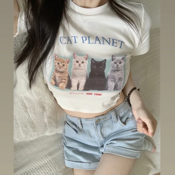 甜辣風心機露腰🐈貓咪印花短版短袖T恤上衣