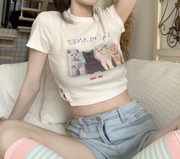 甜辣風心機露腰🐈貓咪印花短版短袖T恤上衣