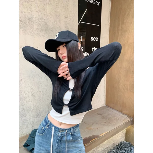 兩件式上衣🖤素色經典鏤空疊穿長袖外套 長袖罩衫 層次感穿搭