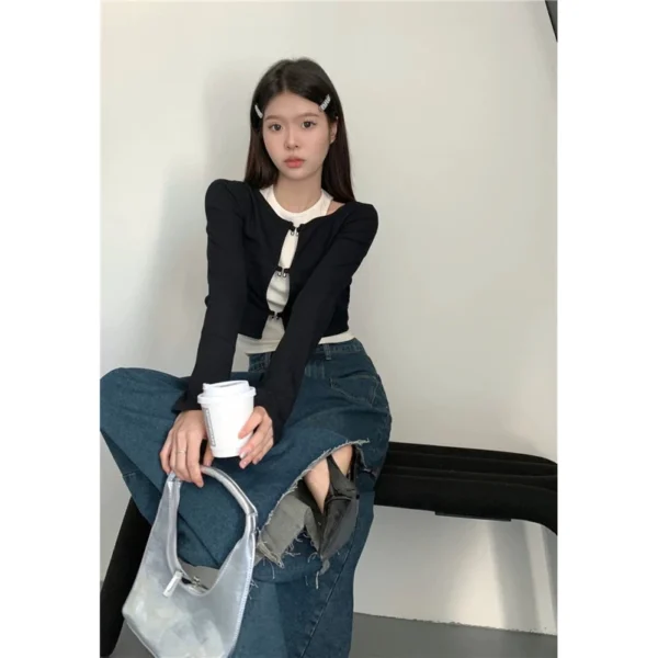 兩件式上衣🖤素色經典鏤空疊穿長袖外套 長袖罩衫 層次感穿搭