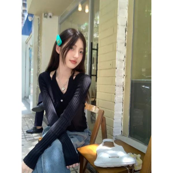假兩件掛脖🖤純慾風素色長袖針織衫