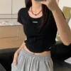 美式復古🖤小露背綁帶高腰不規則魚骨上衣/短袖上衣