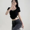 美式復古🖤小露背綁帶高腰不規則魚骨上衣/短袖上衣