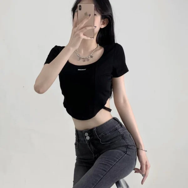 美式復古🖤小露背綁帶高腰不規則魚骨上衣/短袖上衣