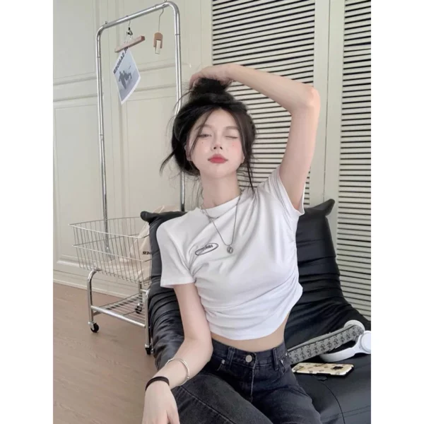 側腰皺摺❣️辣妹心機款短版修身顯瘦皺褶上衣