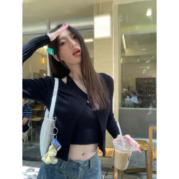 假兩件掛脖🖤純慾風素色長袖針織衫
