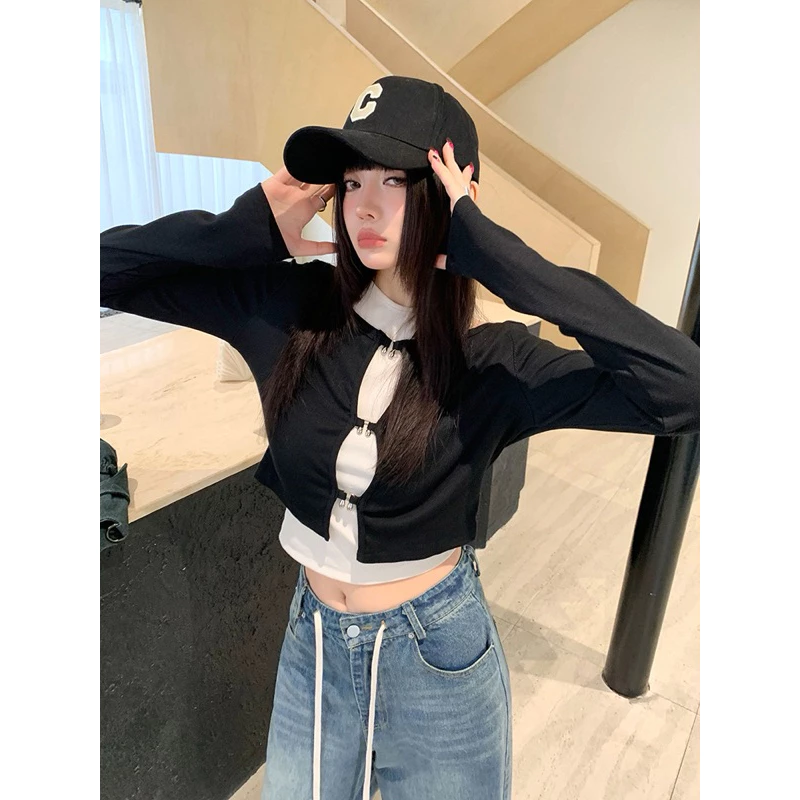 兩件式上衣🖤素色經典鏤空疊穿長袖外套 長袖罩衫 層次感穿搭