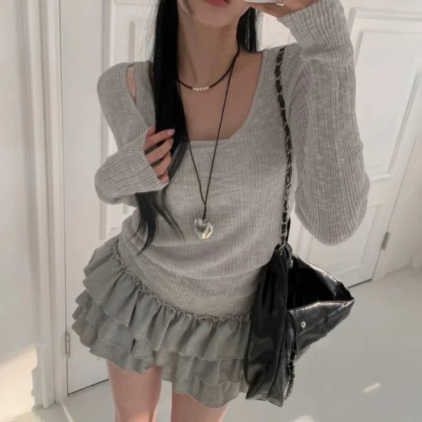 兩件組🖤修身U領掛脖吊帶+露肩長袖上衣