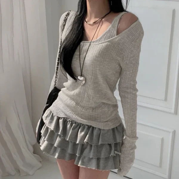 兩件組🖤修身U領掛脖吊帶+露肩長袖上衣